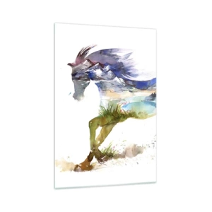 Quadro su vetro - Acquerello di un cavallo con un paesaggio montano in silhouette - 70x100cm - Direttamente dal prato al cielo - Decorazione murale moderna per soggiorno e camera da letto ARTTOR