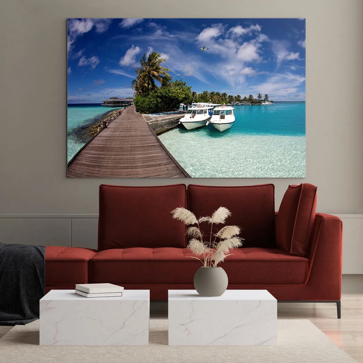 Quadro su vetro - Molo esotico, barche e acqua turchese - 70x50cm - Il paradiso esiste davvero - Decorazione murale moderna per soggiorno e camera da letto ARTTOR