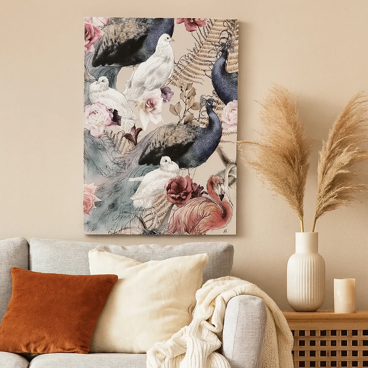 Quadro su tela - Stampe su Tela - Un paesaggio con piume di pavone, rose e uccelli in stile romantico. - 50x70cm - Nel giardino del palazzo - Decorazione murale moderna per soggiorno e camera da letto ARTTOR
