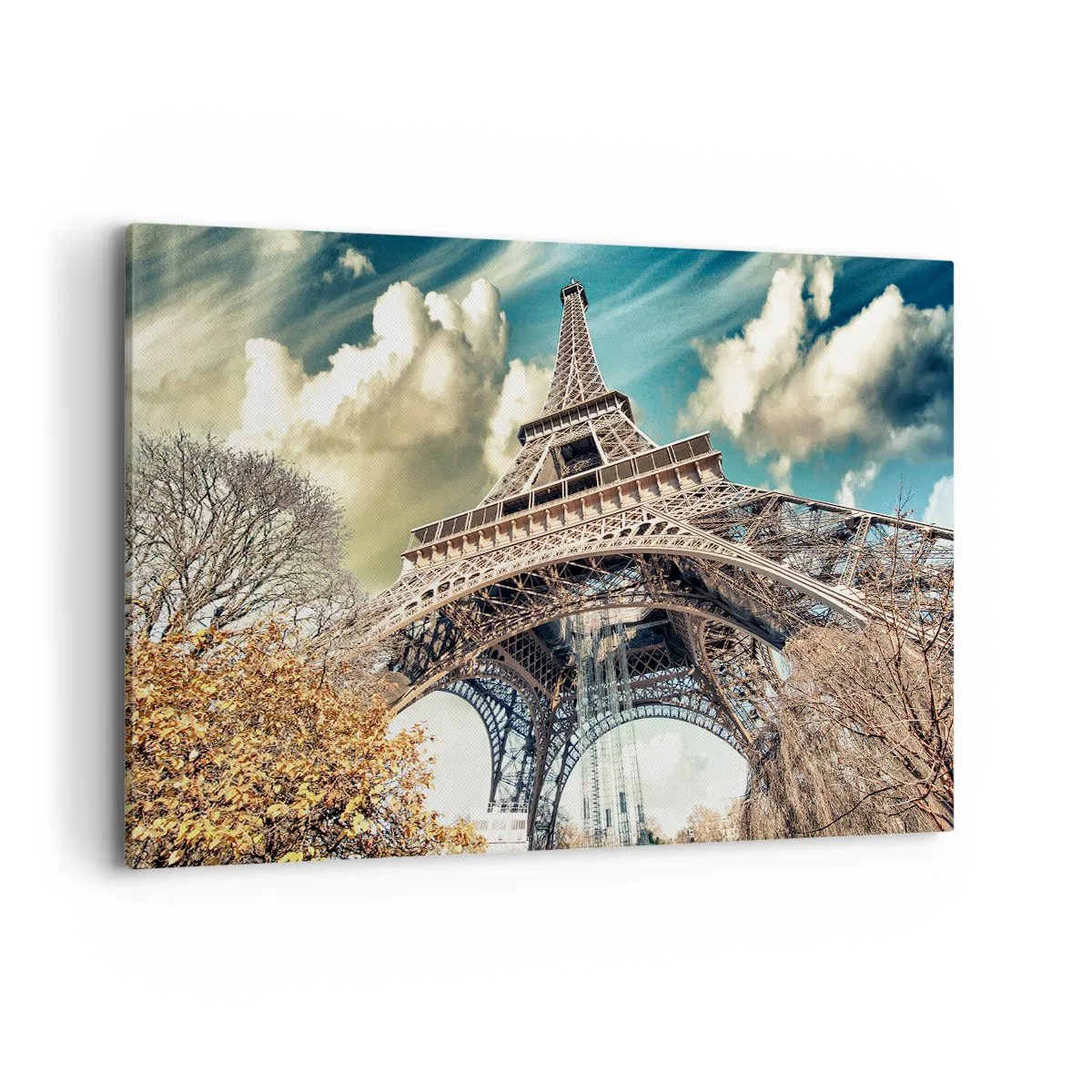 Quadro su tela - Stampe su Tela - La Torre Eiffel dal basso in un ambiente autunnale - 120x80cm - L'autunno a Parigi... - Decorazione murale moderna per soggiorno e camera da letto ARTTOR