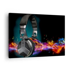 Quadro su tela - Stampe su Tela - Cuffie nere con effetto di visualizzazione musicale colorato - 70x50cm - Nel fuoco della musica - Decorazione murale moderna per soggiorno e camera da letto ARTTOR