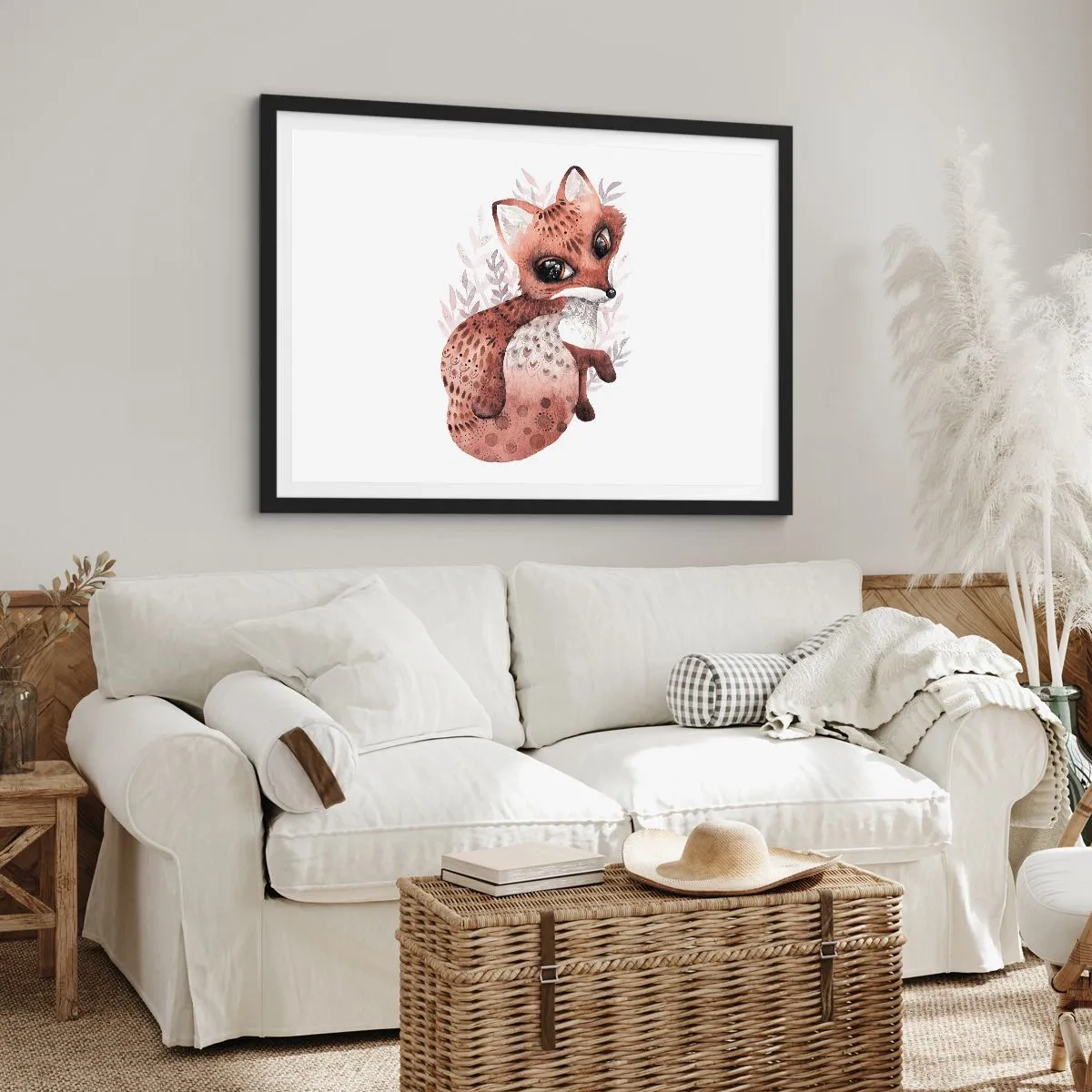 Poster in cornice nera - Una simpatica volpe acquerellata su uno sfondo chiaro - 100x70cm - Semplicemente da amare - Decorazione murale moderna per soggiorno e camera da letto ARTTOR