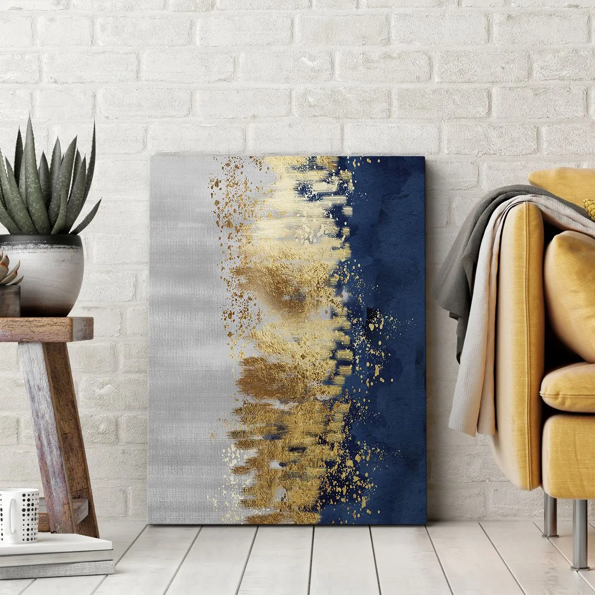 Quadro su tela - Stampe su Tela - Una composizione astratta nei toni dell'oro e del blu navy. - 50x70cm - Composizione moderna con bagliore - Decorazione murale moderna per soggiorno e camera da letto ARTTOR