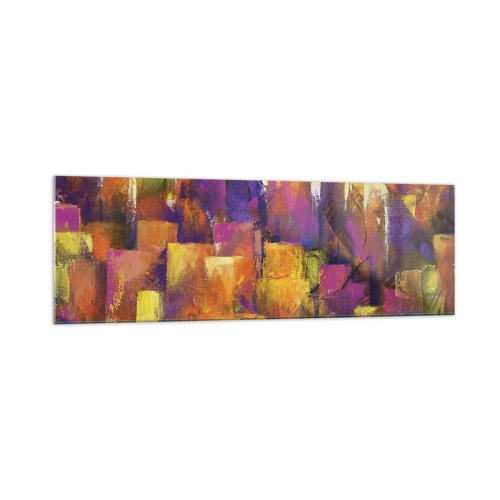 Quadro su vetro - Composizione astratta di una metropoli nei toni del giallo e del viola - 160x50cm - Composizione metropolitana - Decorazione murale moderna per soggiorno e camera da letto ARTTOR