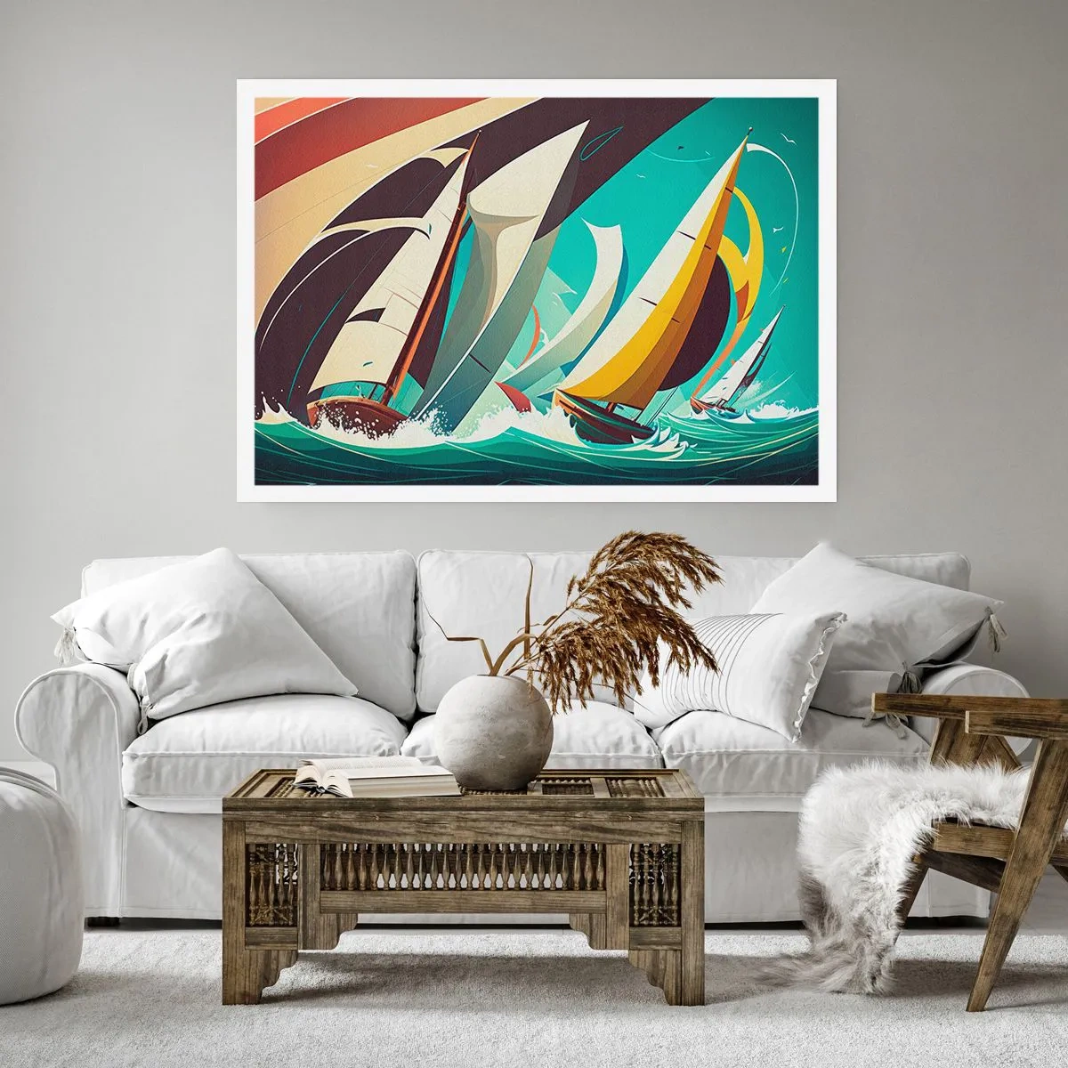 Poster - Un'illustrazione dinamica di barche a vela in un mare in tempesta. - 100x70cm - Compagne degli elementi - Decorazione murale moderna per soggiorno e camera da letto ARTTOR