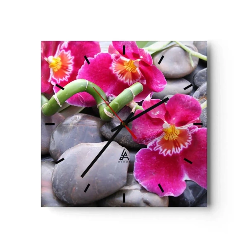 Orologio da parete - Orologio in Vetro - Orchidee rosa su uno sfondo di pietre lisce - 30x30cm - Fresco e calore - Decorazione murale moderna per soggiorno e camera da letto ARTTOR