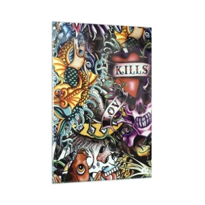 Quadro su vetro - Colorata opera d'arte in stile tatuaggio con teschi e motivi nautici - 80x120cm - Il sogno del tatuatore - Decorazione murale moderna per soggiorno e camera da letto ARTTOR