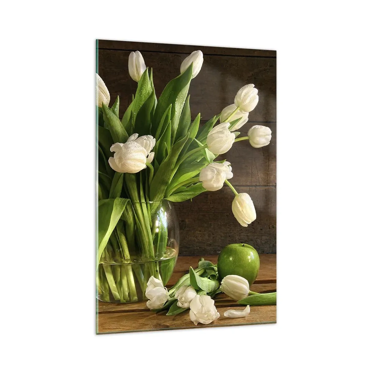 Quadro su vetro - Un bouquet di tulipani bianchi in un vaso di vetro con mele verdi - 80x120cm - Freschezza in verde e bianco - Decorazione murale moderna per soggiorno e camera da letto ARTTOR
