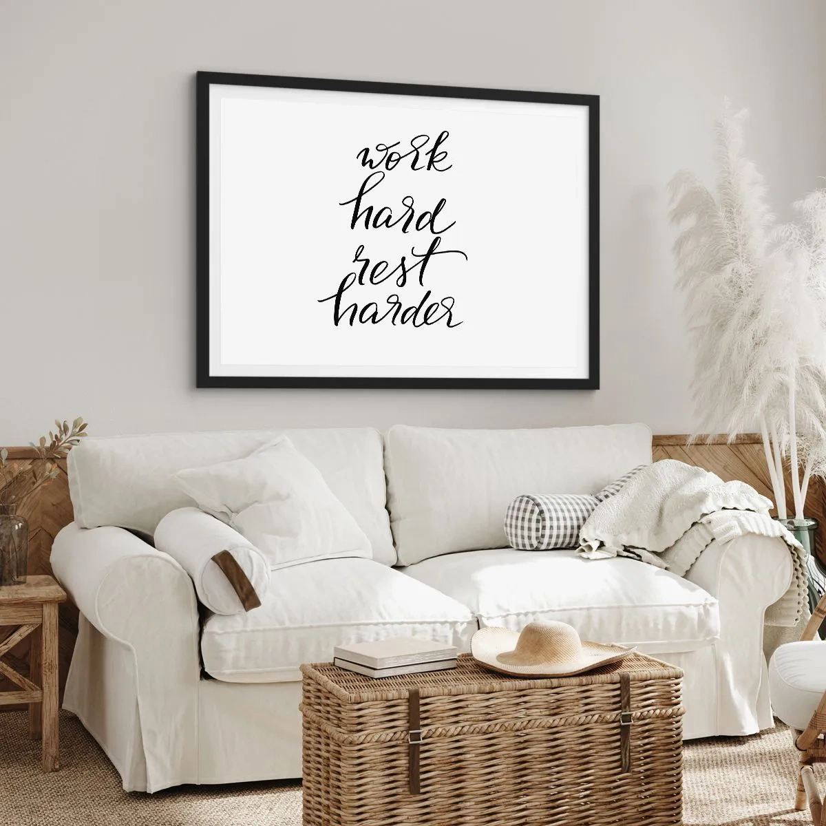 Poster in cornice nera - Lavora duro e riposa ancora di più, citazione su sfondo bianco - 100x70cm - L'equilibrio della vita - Decorazione murale moderna per soggiorno e camera da letto ARTTOR