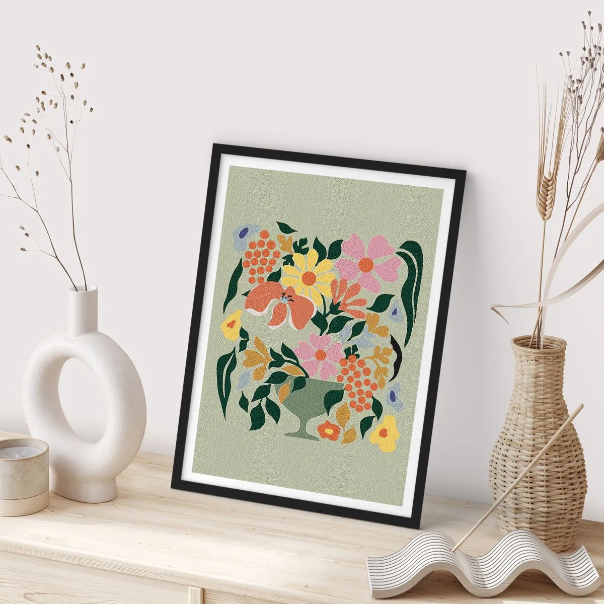 Poster in cornice nera - Una composizione floreale colorata in un vaso decorativo su uno sfondo verde - 50x70cm - Bouquet pieno di vita - Decorazione murale moderna per soggiorno e camera da letto ARTTOR