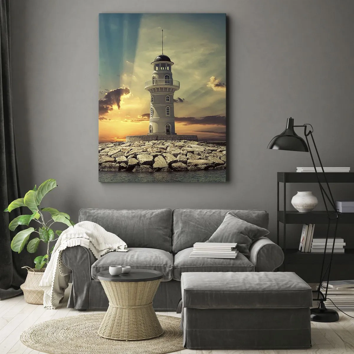 Quadro su tela - Stampe su Tela - Un faro al tramonto contro il cielo - 80x120cm - Luce - Bontà - Bellezza - Decorazione murale moderna per soggiorno e camera da letto ARTTOR