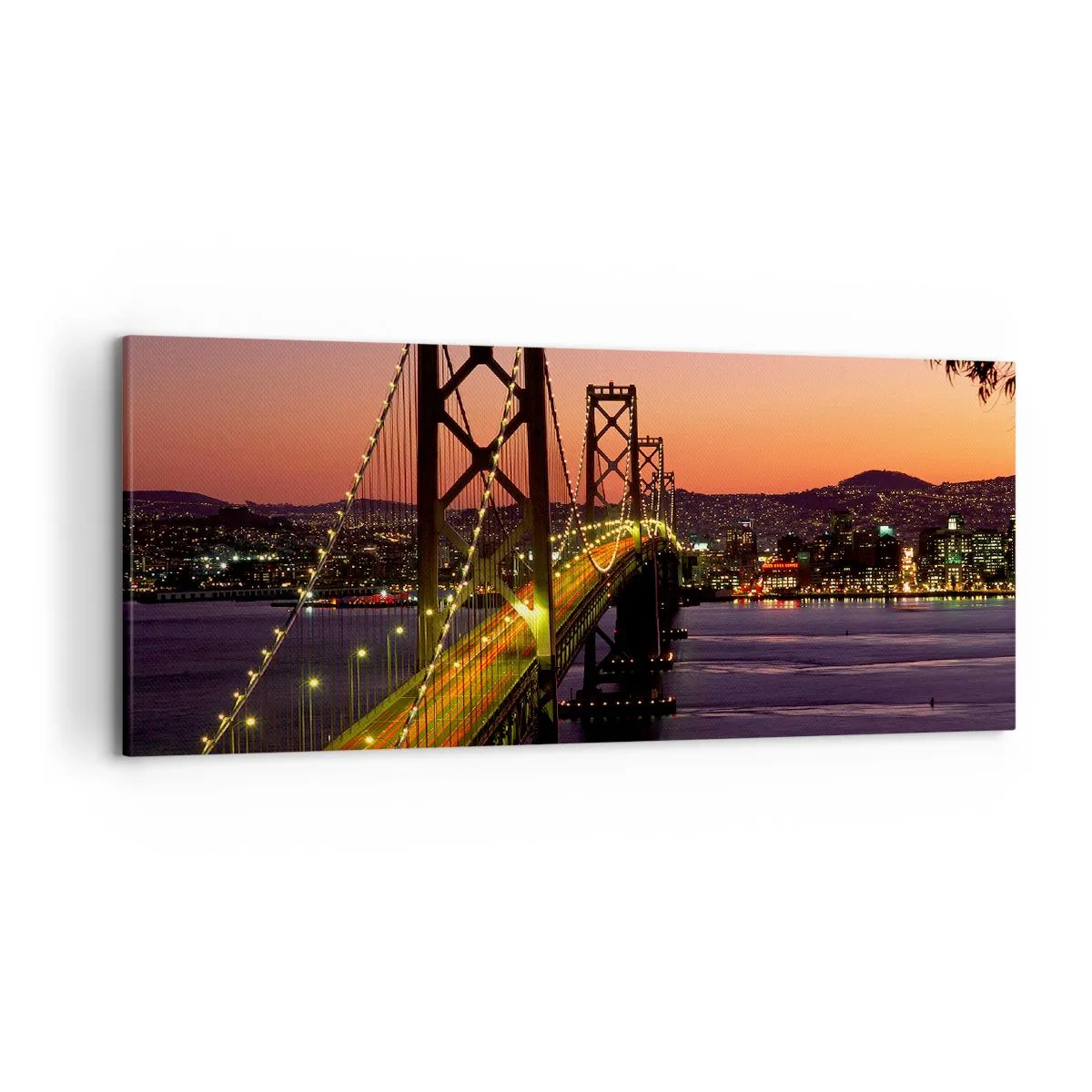 Quadro su tela - Stampe su Tela - Un ponte illuminato di notte sull'acqua con vista panoramica sulla città - 120x50cm - Serata in viola - Decorazione murale moderna per soggiorno e camera da letto ARTTOR