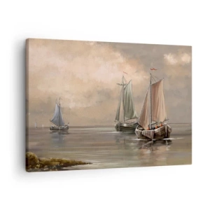 Quadro su tela - Stampe su Tela - Barche a vela su un mare calmo in un ambiente pastello - 70x50cm - Il ritorno dei marinai - Decorazione murale moderna per soggiorno e camera da letto ARTTOR