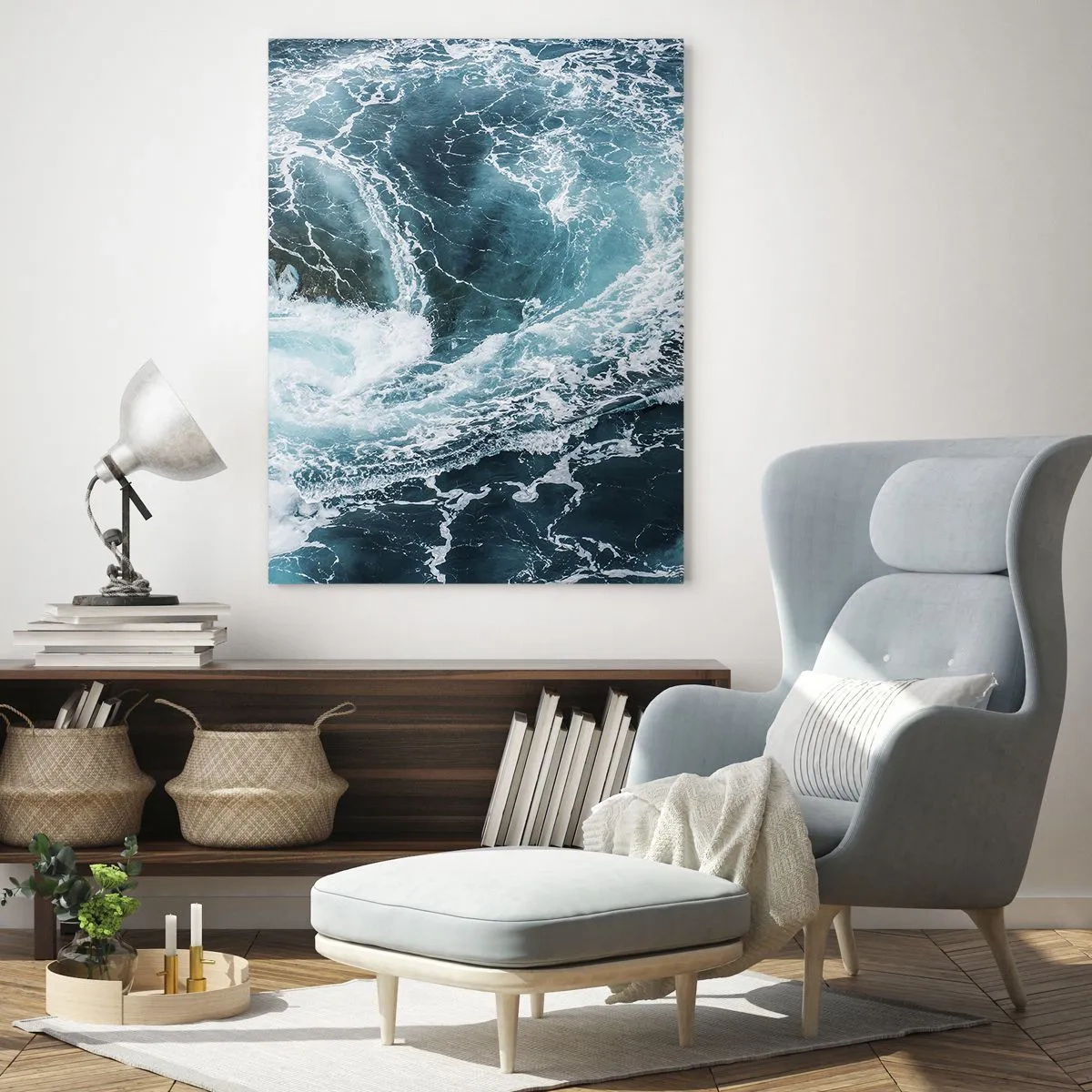 Quadro su vetro - Un vortice oceanico circondato da onde bianche in acqua blu - 50x70cm - La porta verso il centro della Terra - Decorazione murale moderna per soggiorno e camera da letto ARTTOR