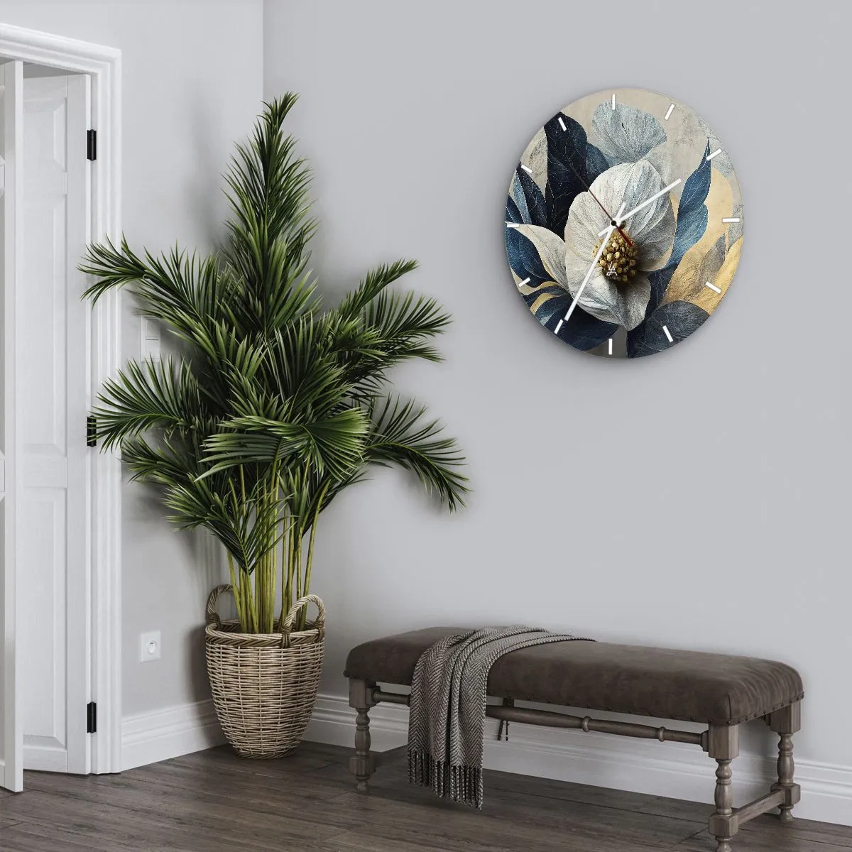 Orologio da parete - Orologio in Vetro - Una composizione floreale bianca con foglie blu navy e un centro dorato - 30x30cm - Ha un cuore d'oro - Decorazione murale moderna per soggiorno, cucina e camera da letto ARTTOR