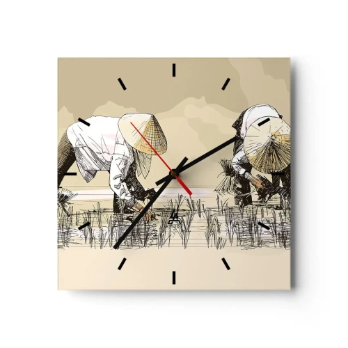 Orologio da parete - Orologio in Vetro - Contadini che lavorano in una risaia indossando copricapi tradizionali - 30x30cm - Buon raccolto - Decorazione murale moderna per soggiorno e camera da letto ARTTOR