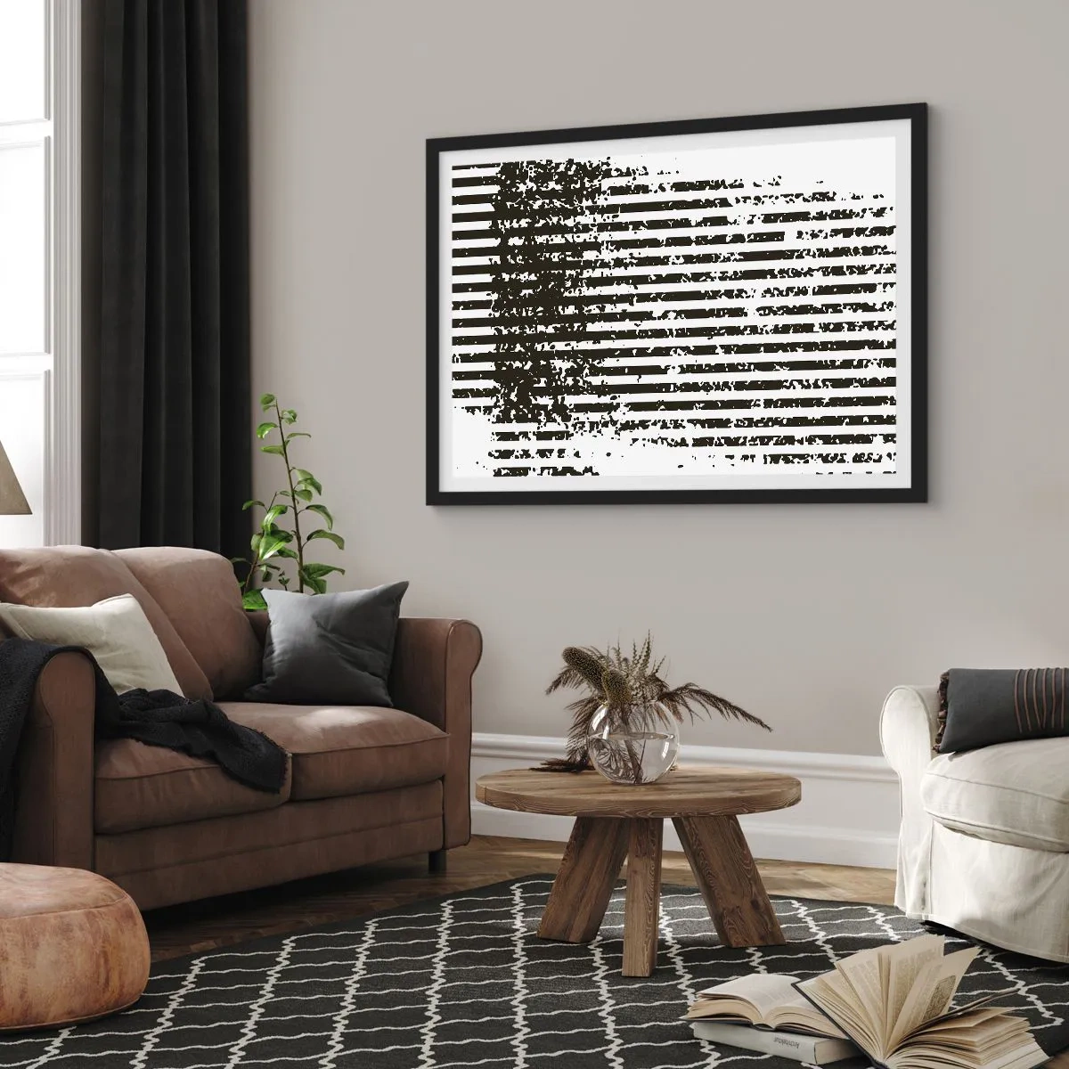 Poster in cornice nera - Linee astratte con effetto invecchiato in bianco e nero - 100x70cm - Ritmo e rumore - Decorazione murale moderna per soggiorno e camera da letto ARTTOR