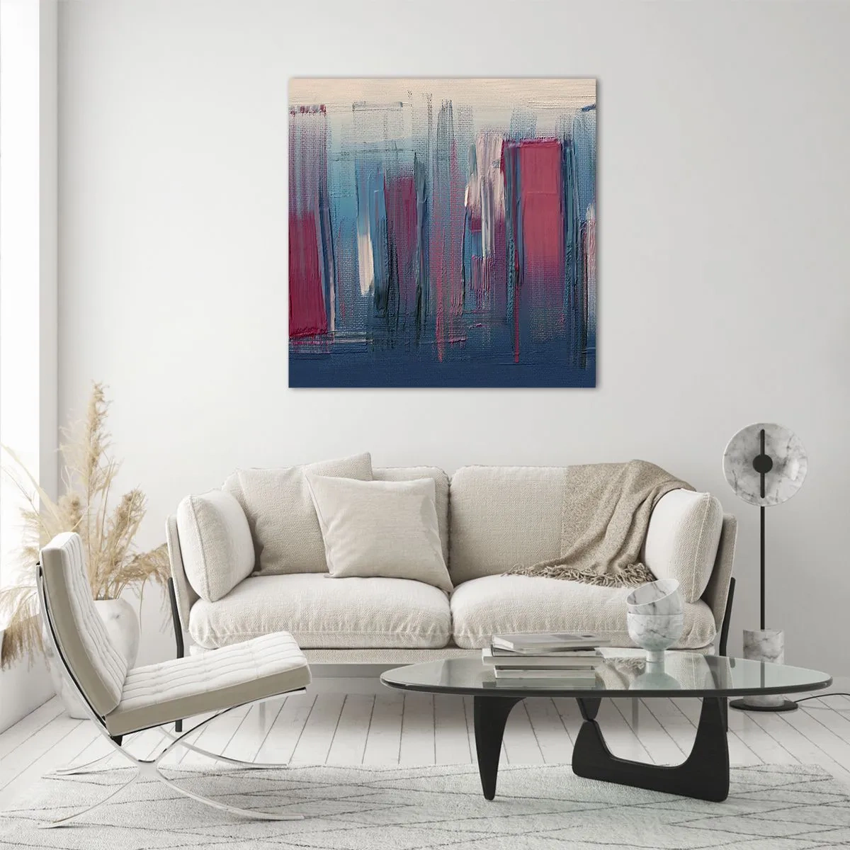 Quadro su vetro - Composizione verticale in blu e rosso - 30x30 cm