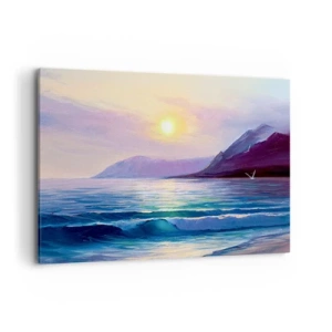 Quadro su tela - Stampe su Tela - Un pittoresco paesaggio marino al tramonto con onde e montagne - 120x80cm - Cristallo di acqua e di aria - Decorazione murale moderna per soggiorno e camera da letto ARTTOR