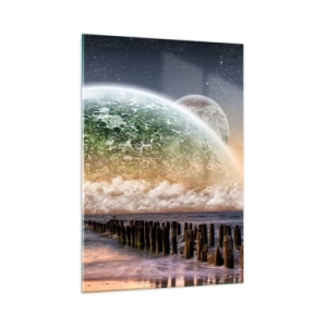 Quadro su vetro - Tramonto sul pianeta e sull'oceano - 50x70cm - E il mondo emerse dalle acque - Decorazione murale moderna per soggiorno e camera da letto ARTTOR