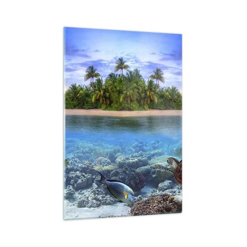 Quadro su vetro - Un'isola tropicale circondata da un oceano turchese con una barriera corallina e pesci. - 70x100cm - L'isola del paradiso dà il benvenuto - Decorazione murale moderna per soggiorno e camera da letto ARTTOR