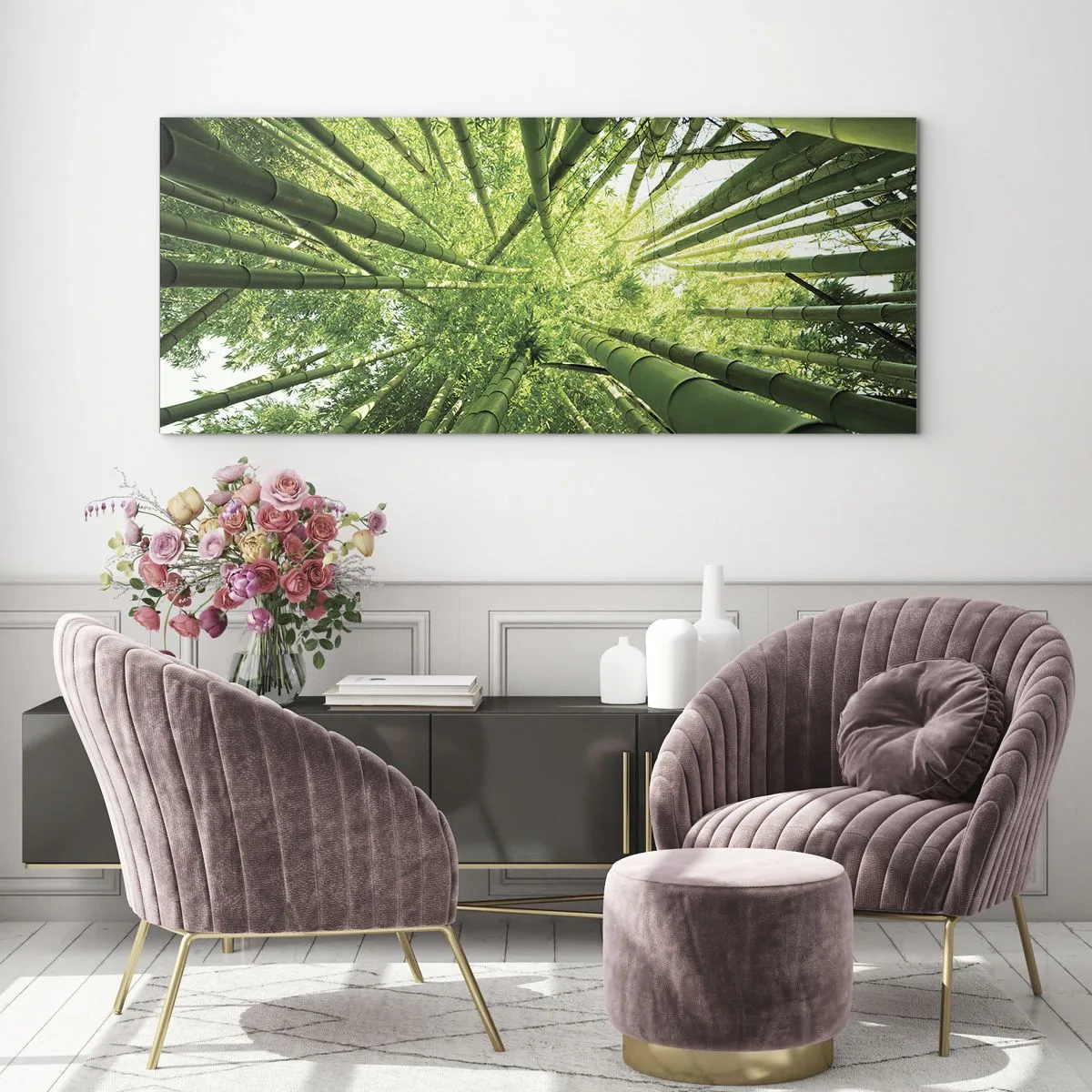 Quadro su vetro - Vista attraverso un boschetto di bambù verde - 140x50cm - Nella foresta di bambù - Decorazione murale moderna per soggiorno e camera da letto ARTTOR