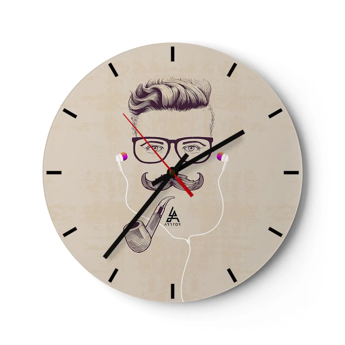Orologio da parete - Orologio in Vetro - Illustrazione di un volto con baffi, occhiali, pipa e cuffie - 30x30cm - Un vero uomo? - Decorazione murale moderna per soggiorno, cucina e camera da letto ARTTOR