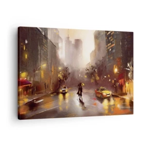 Quadro su tela - Stampe su Tela - Una scena urbana notturna alla luce dei lampioni e dei riflessi su una strada bagnata. - 70x50cm - Nelle luci di New York - Decorazione murale moderna per soggiorno e camera da letto ARTTOR