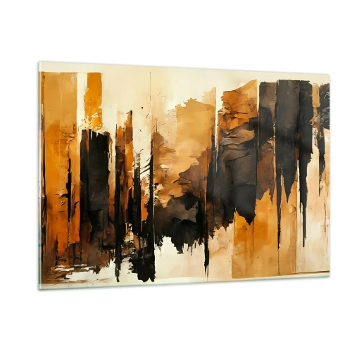 Quadro su vetro - Astrazione marrone-dorata con strutture verticali - 120x80cm - Armonia di nero e oro - Decorazione murale moderna per soggiorno e camera da letto ARTTOR