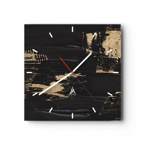 Orologio da parete - Orologio in Vetro - Composizione astratta nei toni del nero e dell'oro - 30x30cm - Tracce del contatto - Decorazione murale moderna per soggiorno e camera da letto ARTTOR
