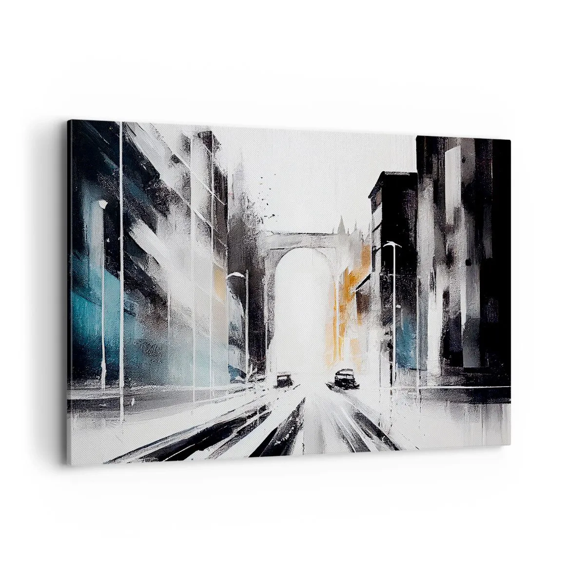 Quadro su tela - Stampe su Tela - Panorama astratto della città con un ponte ad arco - 120x80cm - Studio di città: architettura e movimento - Decorazione murale moderna per soggiorno e camera da letto ARTTOR