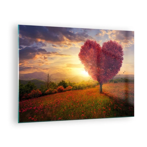 Quadro su vetro - Un albero a forma di cuore in un campo al tramonto - 70x50cm - Ti prende al cuore - Decorazione murale moderna per soggiorno e camera da letto ARTTOR