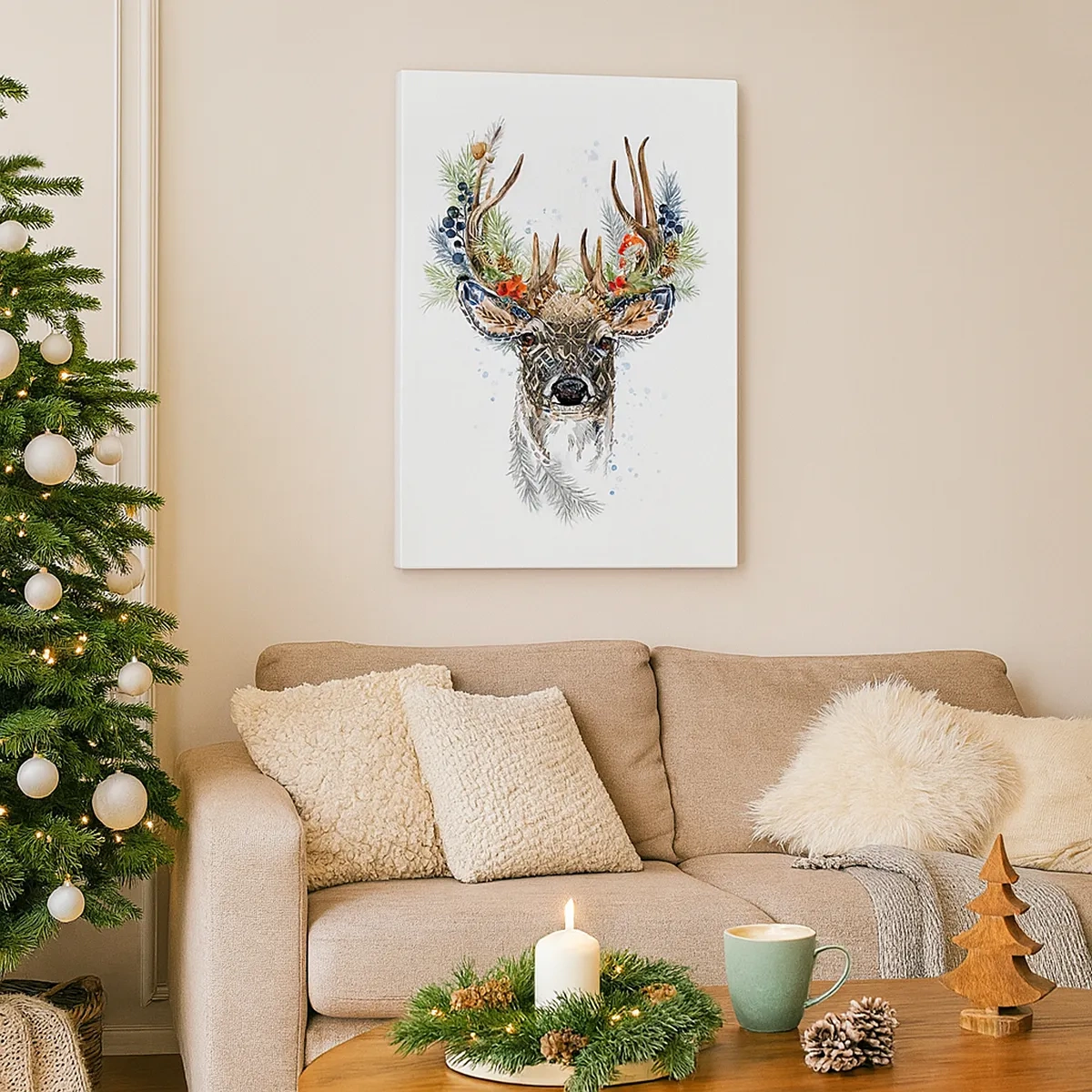 Quadro su tela - Stampe su Tela - Cervo stilizzato con corna decorative su sfondo bianco - 50x70cm - Nell'abito della festa - Decorazione murale moderna per soggiorno e camera da letto ARTTOR