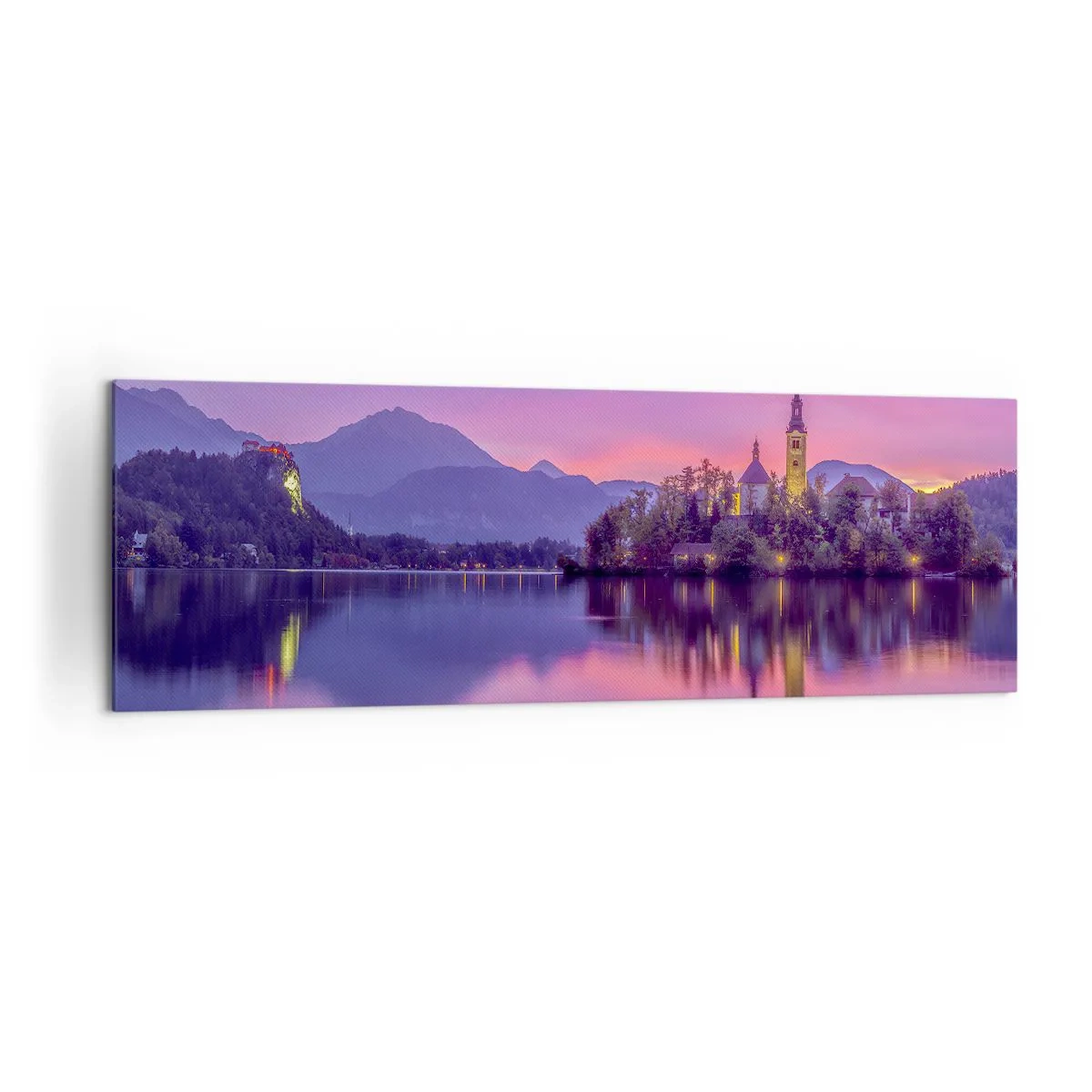 Quadro su tela - Stampe su Tela - Lago con un'isola e una chiesa al tramonto - 160x50cm - Isola favolosa al crepuscolo - Decorazione murale moderna per soggiorno e camera da letto ARTTOR