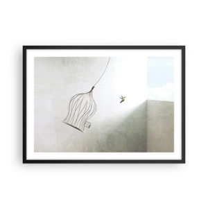 Poster in cornice nera - Un uccello liberato da una gabbia sullo sfondo di un cielo luminoso - 70x50cm - Nel proprio elemento - Decorazione murale moderna per soggiorno e camera da letto ARTTOR