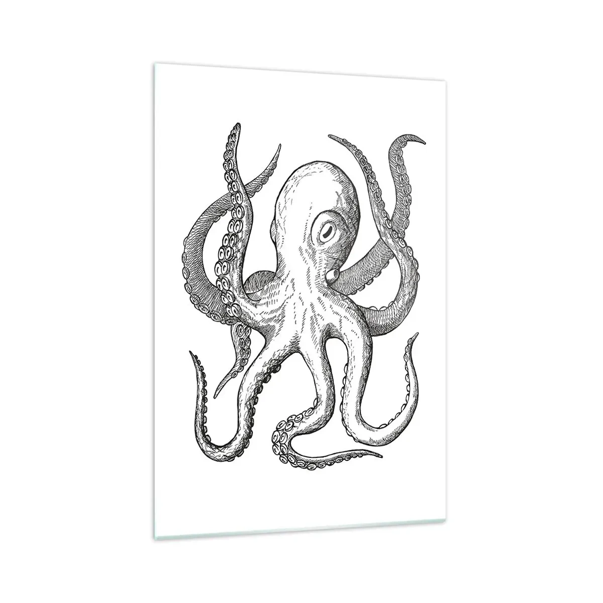 Quadro su vetro - Disegno in bianco e nero di un polpo su sfondo bianco in stile vintage - 70x100cm - Ballando con le onde - Decorazione murale moderna per soggiorno e camera da letto ARTTOR