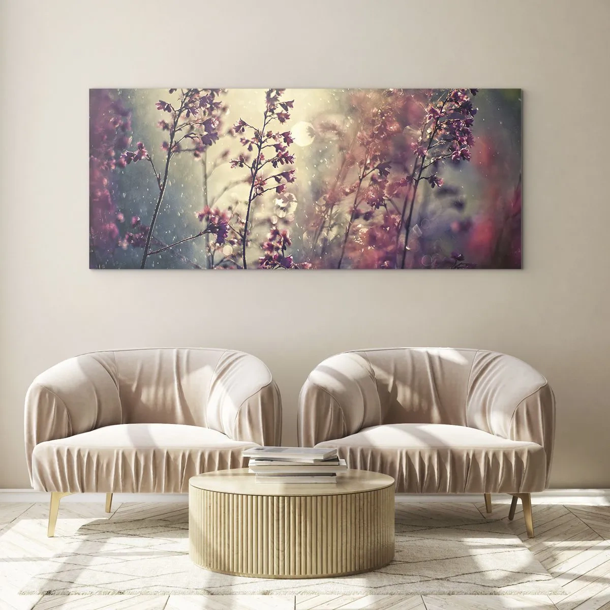 Quadro su vetro - Fiori alla luce del sole sullo sfondo della natura - 160x50cm - Giardino misterioso - Decorazione murale moderna per soggiorno e camera da letto ARTTOR