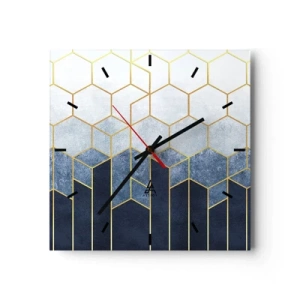 Orologio da parete - Orologio in Vetro - Motivo geometrico nei toni dell'oro e del blu navy - 30x30cm - Composizione a ritmo sincopato - Decorazione murale moderna per soggiorno e camera da letto ARTTOR