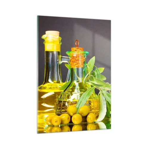 Quadro su vetro - Bottiglie di olio d'oliva e un ramo con olive sullo sfondo - 50x70cm - Natura morta con olive e olio - Decorazione murale moderna per soggiorno e camera da letto ARTTOR