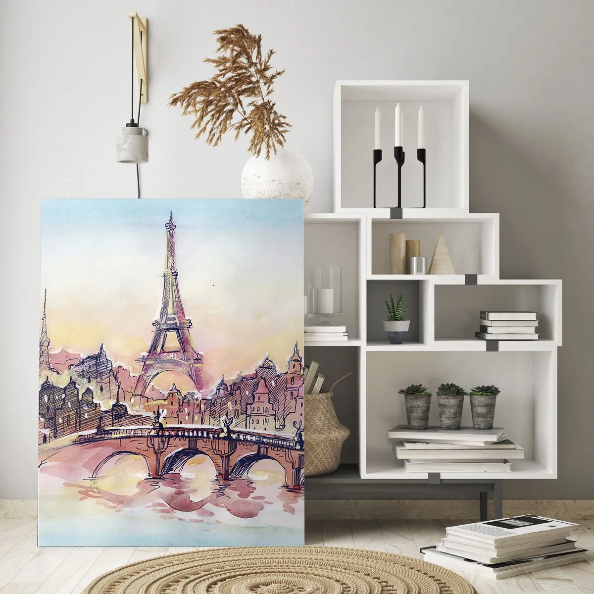 Quadro su vetro - Un panorama di Parigi con la Torre Eiffel in un delicato stile acquerello - 50x70cm - L'unica città così al mondo - Decorazione murale moderna per soggiorno e camera da letto ARTTOR