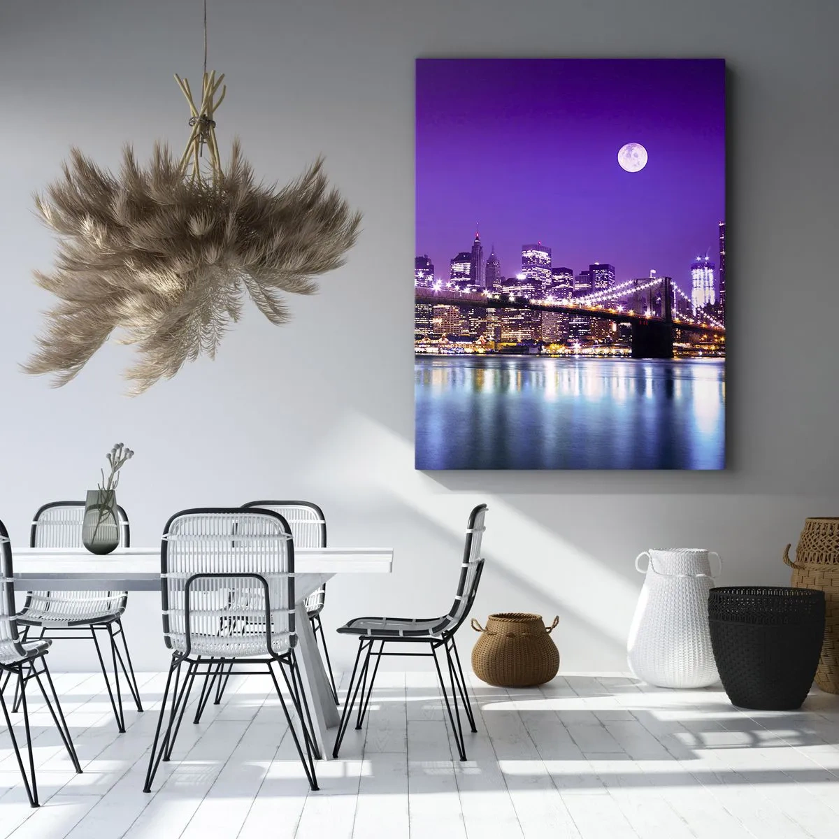 Quadro su tela - Stampe su Tela - Ponte di Brooklyn di notte con la città illuminata e la luna piena - 80x120cm - Luce della grande città in viola - Decorazione murale moderna per soggiorno e camera da letto ARTTOR