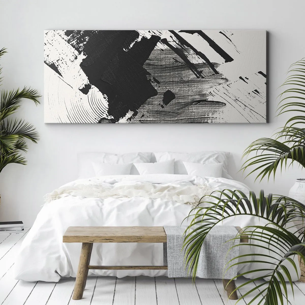 Quadro su tela - Stampe su Tela - Pennellate astratte di nero su sfondo bianco - 140x50cm - Astrazione: espressione di nero - Decorazione murale moderna per soggiorno e camera da letto ARTTOR