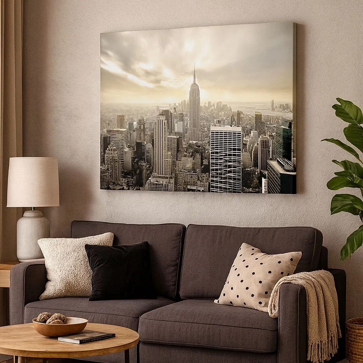 Quadro su tela - Stampe su Tela - Panorama della città con vista sull'Empire State Building - 70x50cm - New York in grigio - Decorazione murale moderna per soggiorno e camera da letto ARTTOR
