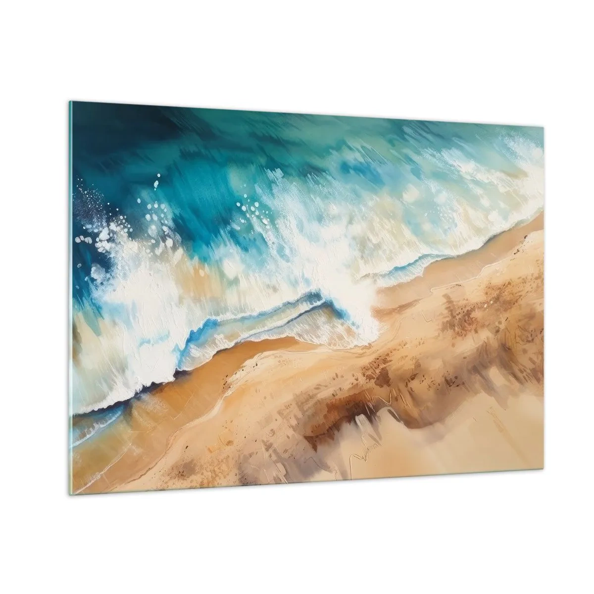 Quadro su vetro - Vista dall'alto di un'onda blu del mare che si infrange contro una riva sabbiosa - 100x70cm - L'onda che ritorna - Decorazione murale moderna per soggiorno e camera da letto ARTTOR