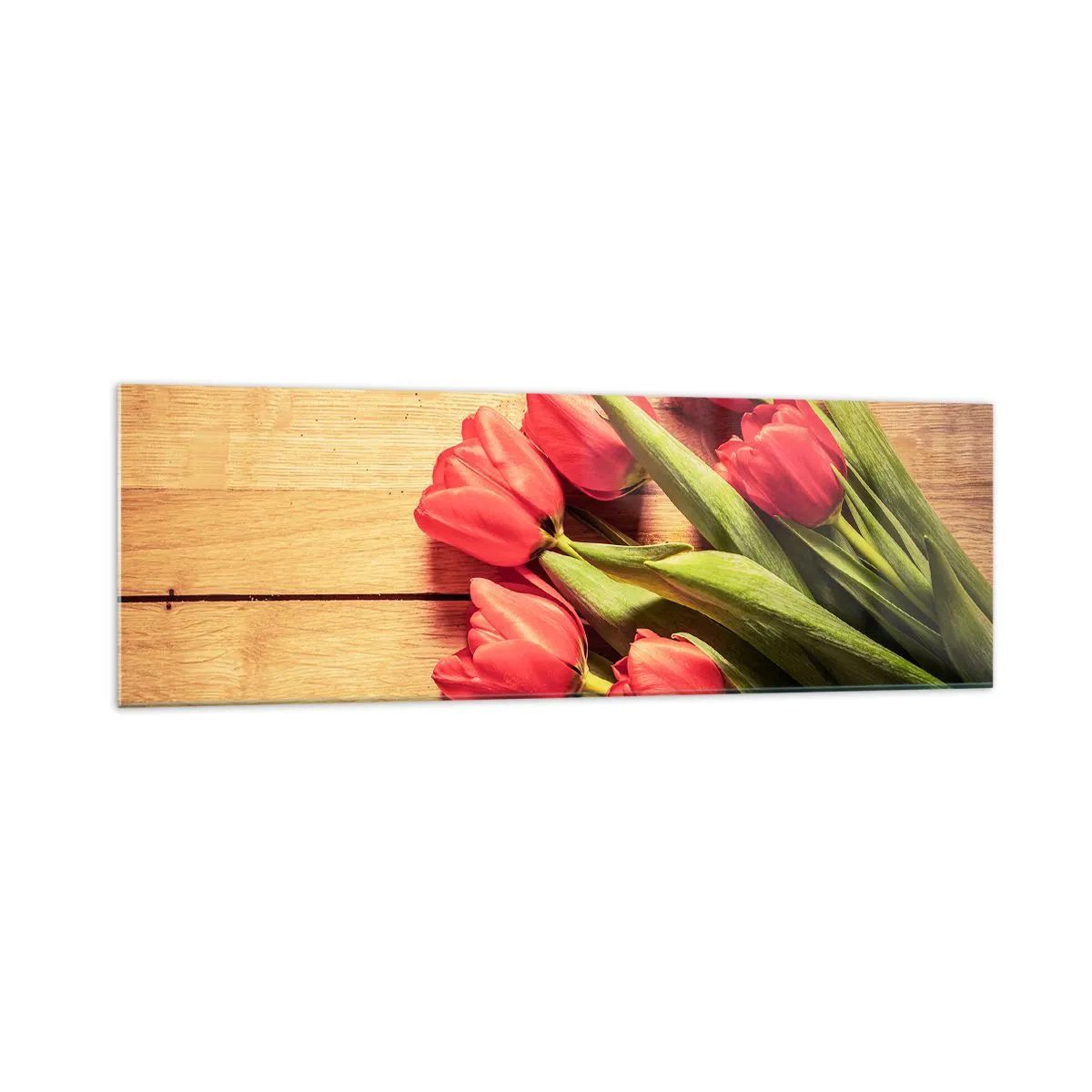 Quadro su vetro - Un mazzo di tulipani rosa su uno sfondo di legno - 160x50cm - Confessione primaverile - Decorazione murale moderna per soggiorno e camera da letto ARTTOR