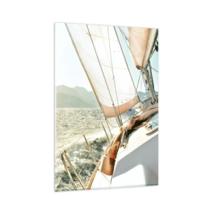 Quadro su vetro - Uno yacht in mare aperto con vista sulle montagne - 80x120cm - A vele spiegate - Decorazione murale moderna per soggiorno e camera da letto ARTTOR