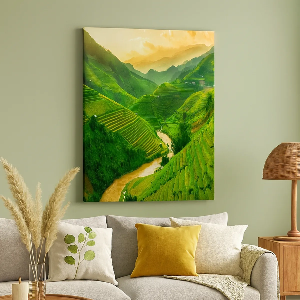 Quadro su tela - Stampe su Tela - Pittoresche terrazze di riso in una valle verde illuminata dal sole al tramonto - 50x70cm - Valle del Vietnam - Decorazione murale moderna per soggiorno e camera da letto ARTTOR