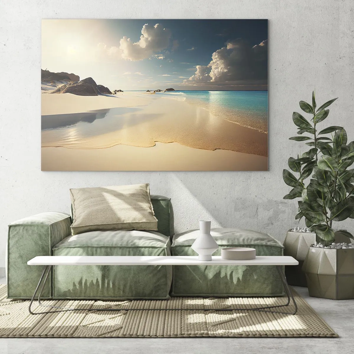 Quadro su vetro - Spiaggia dorata e mare turchese alla luce del sole mattutino - 70x50cm - Giornata ideale - Decorazione murale moderna per soggiorno e camera da letto ARTTOR