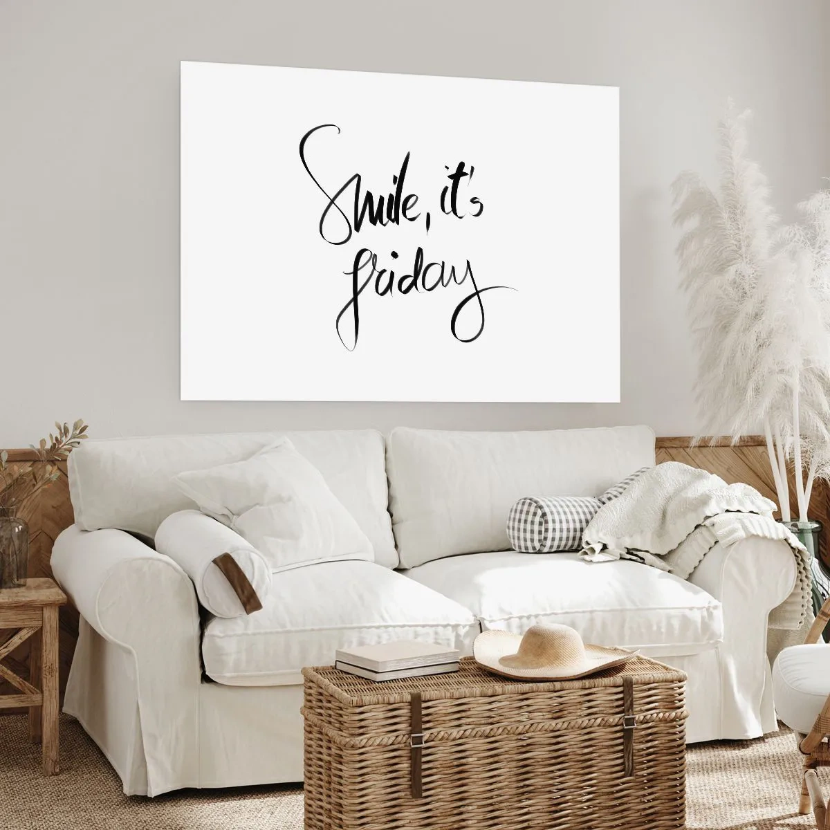 Poster - Scritta in bianco e nero Sorridi, è venerdì - 100x70cm - Vera gioia - Decorazione murale moderna per soggiorno e camera da letto ARTTOR