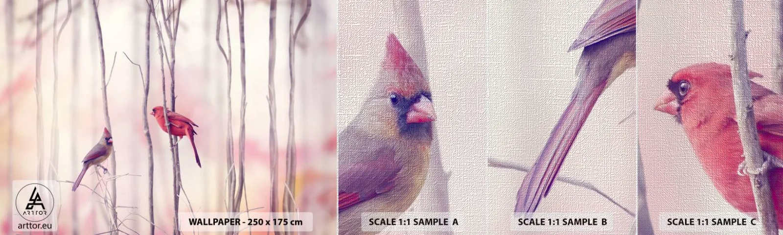Campione di Fotomurale Premium Canvas - Il racconto del bosco rosa - Uccello, Natura, foresta - 100x30 cm